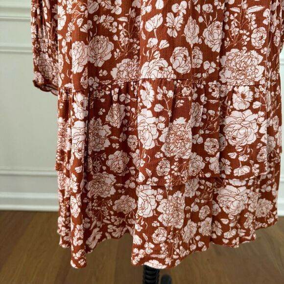 NWT Knox Rose Cave Long Sleeve Smocked Peasant Dress Rust Brown Floral XXL - Picture 6 of 11